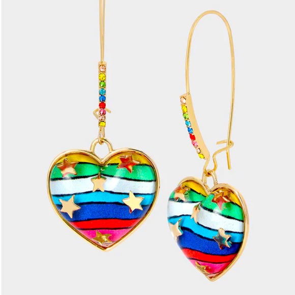 New Betsey Johnson ONE LOVE HEART HOOK EARRINGS RAINBOW MULTI - Picture 1 of 6